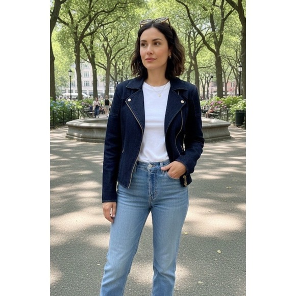 Lauren Jeans Co Ralph Women's XL Blue Denim Zip Moto Stand Up Collar Jacket NEW